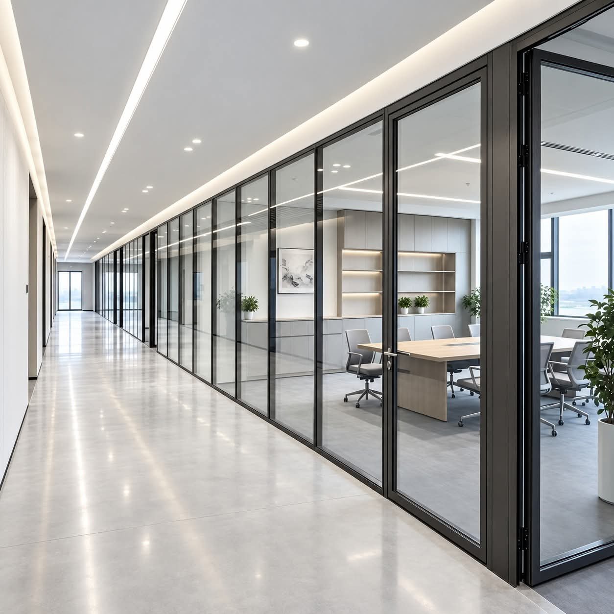 Black framed office corridor