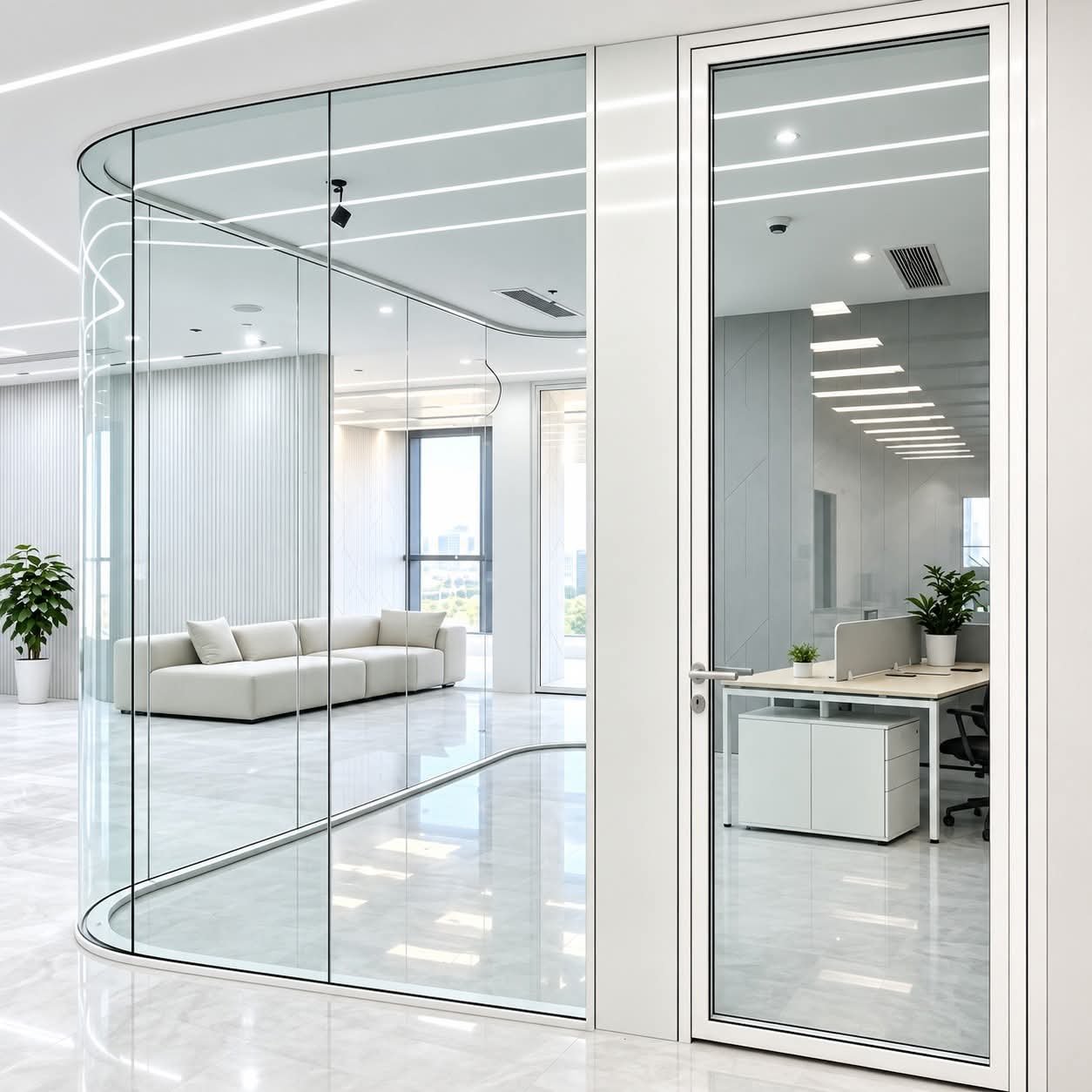 Curved clear glass office partition
