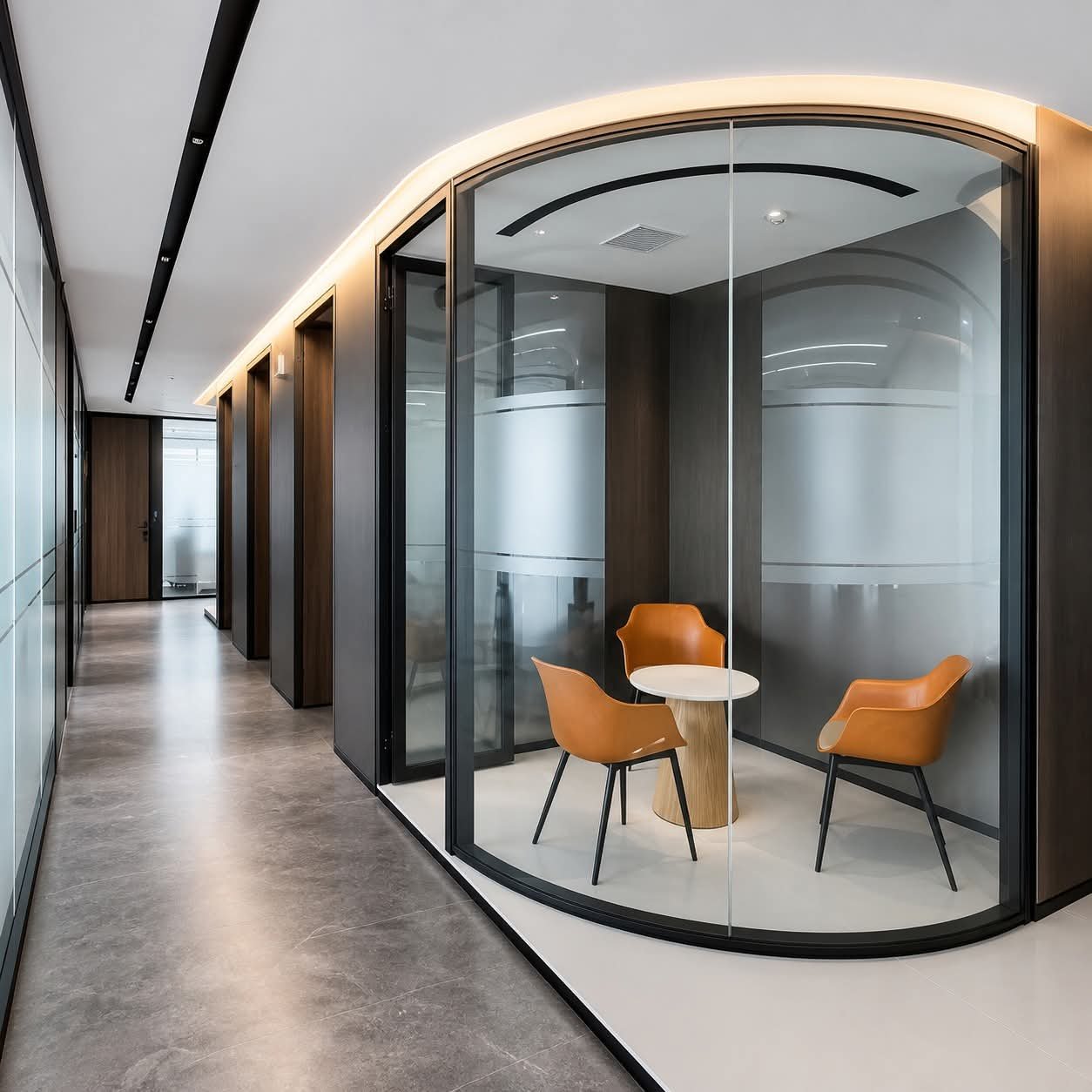 Curved glass meeting booth