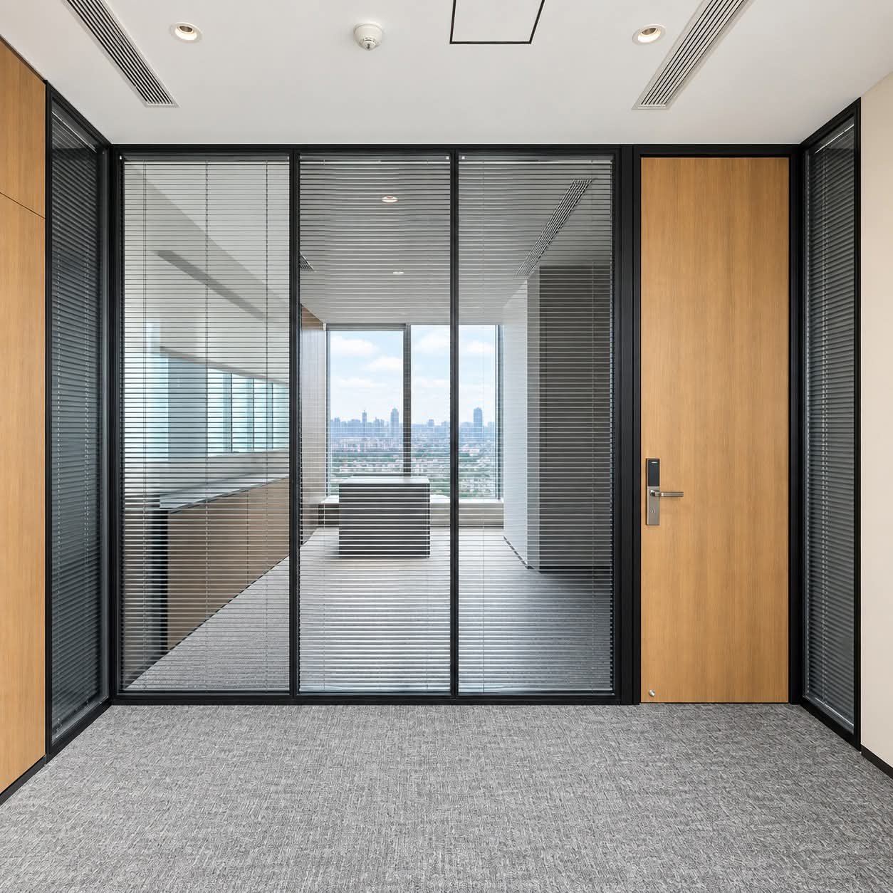 Office glass partition with blinds