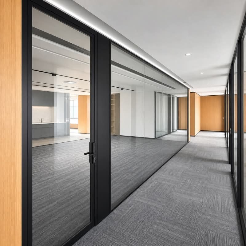 Clear glass office corridor